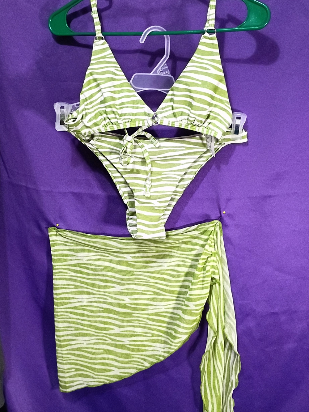 Green Zebra-Print Triangle Bikini with Matching Sarong-NWOT